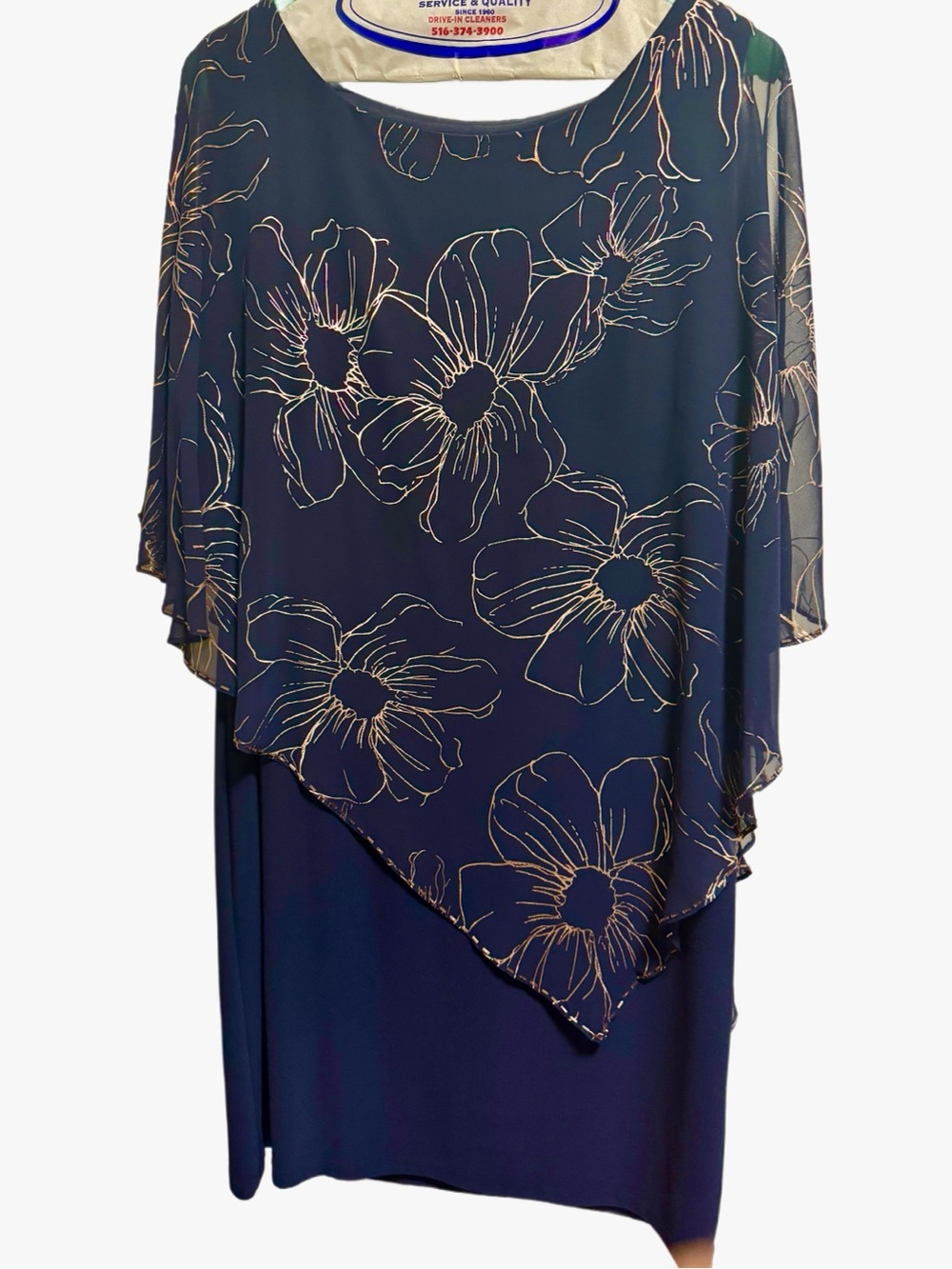 SLNY Navy Dress with Gold Floral Overlay